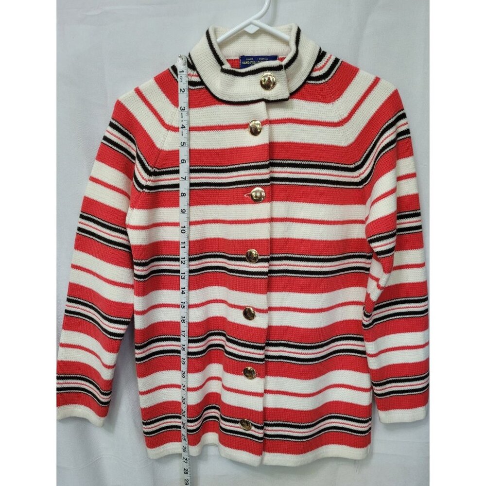 Vintage Full Fashioned Hand Loomed Womens Sweater S/M Coral White Black Stripe - Picture 7 of 14